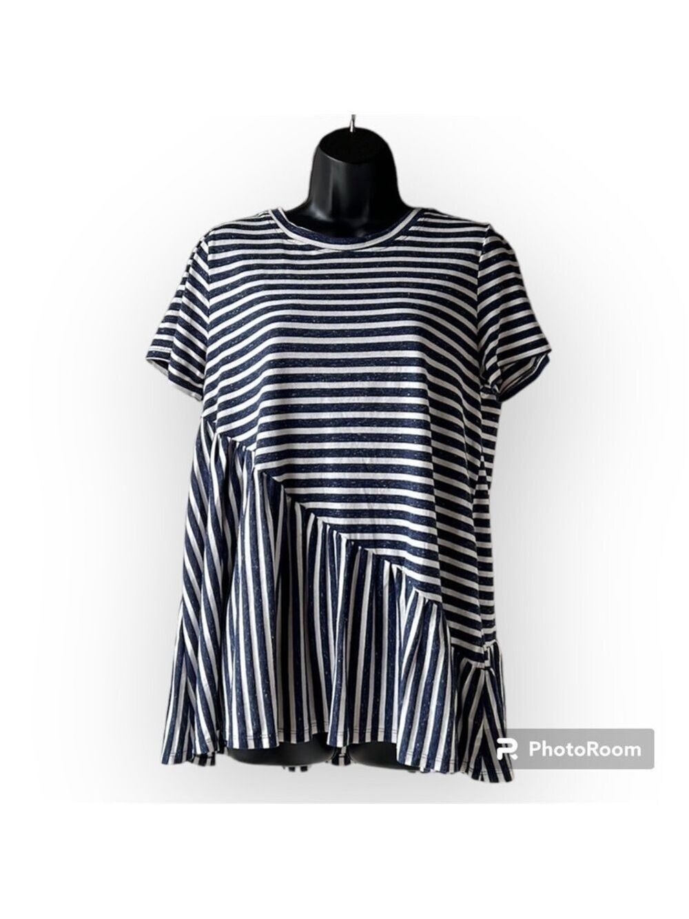 Hayden Los Angeles Navy and White Striped Ruffled Angular Peplum Oversized Small
